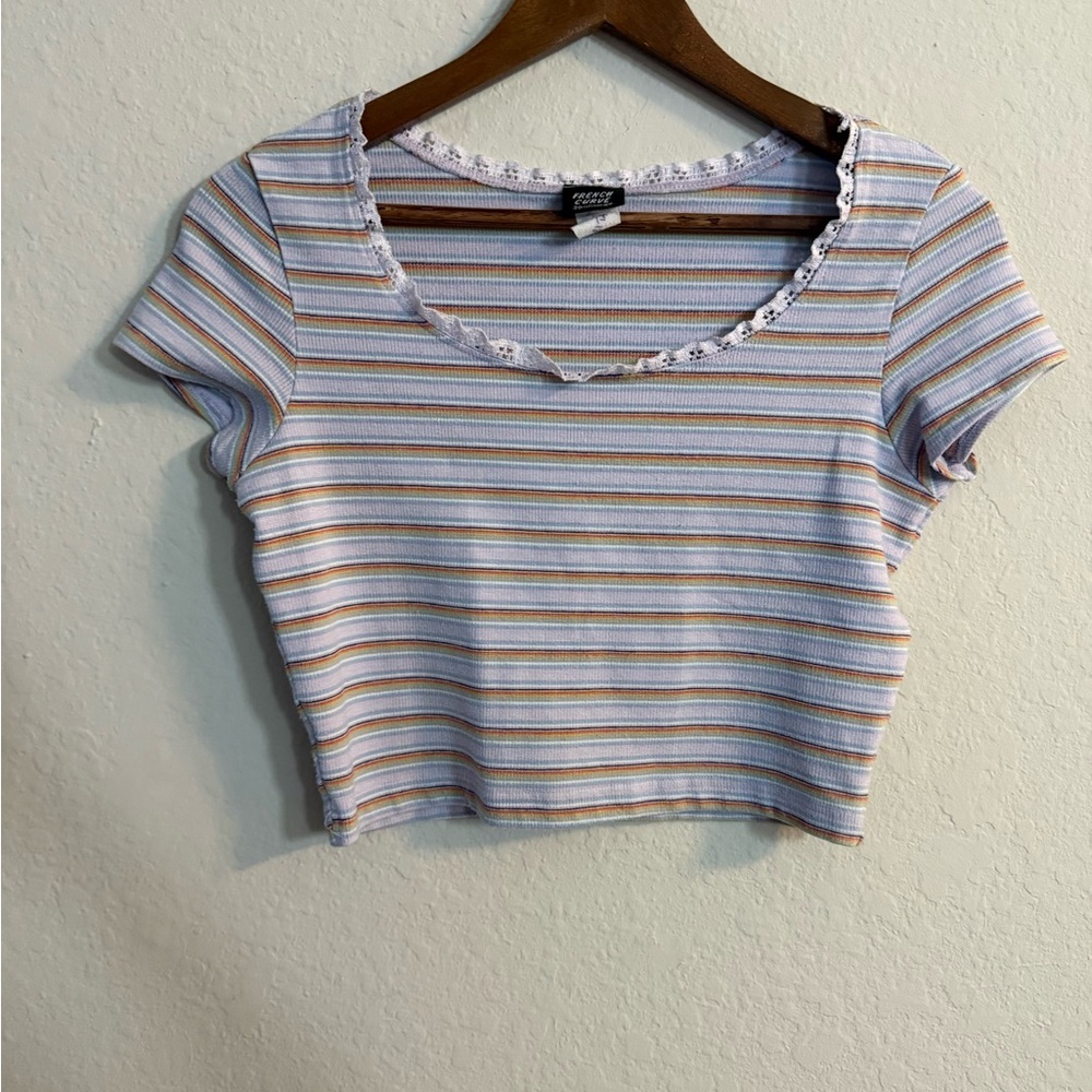 French Curve Lace Collar Lilac Striped Cropped Top